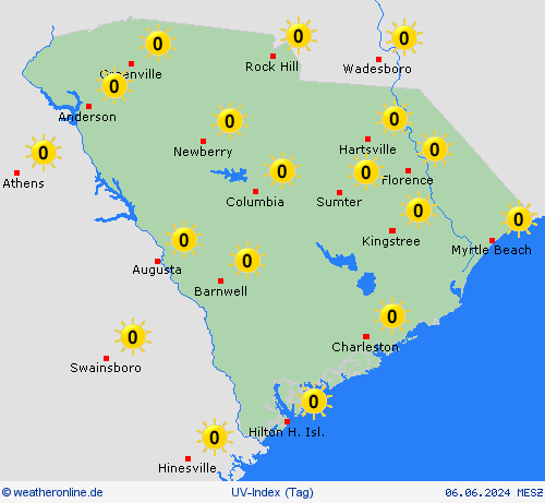 uv-index South Carolina Nordamerika Vorhersagekarten