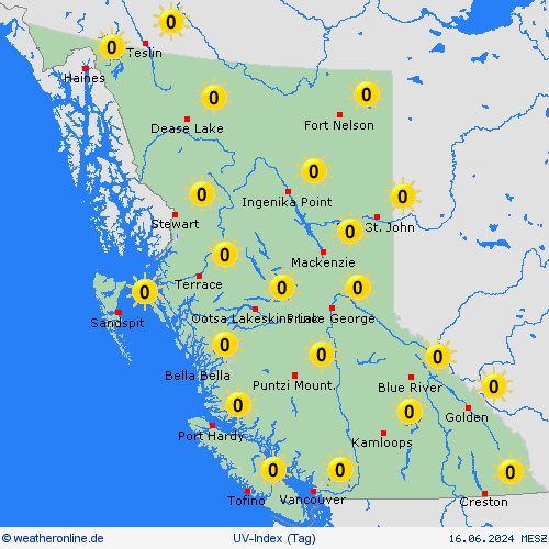 uv-index British Columbia Nordamerika Vorhersagekarten